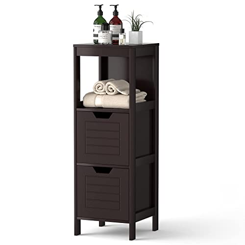 DORTALA Bathroom Storage Cabinet, Multifunctional Wooden Storage Rack Free Standing Organizer w/ 2 Drawers, Space-Saving Bathroom Floor Cabinet for Living Room Bathroom Bedroom Entryway, Brown