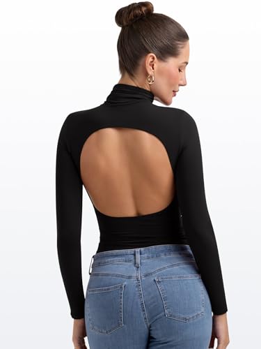 PINKMSTYLE Womens Backless Turtleneck Long Sleeve Top Shirts Ruched Double Lined Fall Going Out Outfits 20252