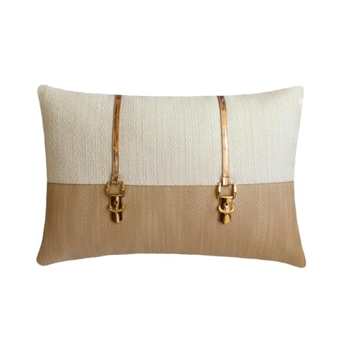The HomeCentric Décoratif Beige Housse de Coussin Lombaire, Lot de 2, 30x55 cm Faux Cuir Coussin, Housse de Coussin avec Boucle, Chevron, Patchwork Coussin,...