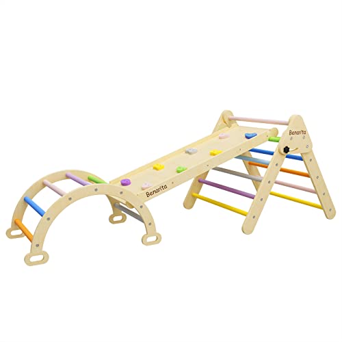 Image of Benarita Pikler Triangle Set 4 in 1, Toddler Climbing Toys Indoor, Folding Climbing Ladder with Ramp & Arch, Indoor Montessori Climbing Set for Kids, Wooden Jungle Gym for Sliding or Climbing