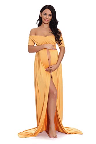 ZIUMUDY Maternity Off Shoulder Wraped Ruched Gown Split Front Maxi Photography Dress (X-Large, Yellow)