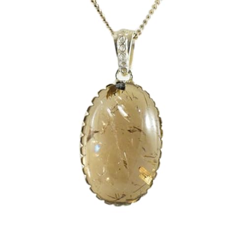 Pendentif rutile naturel doré ovale 33x20mm collier argent 925 femme chaîne 45cm