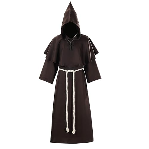 Medieval Monk Robe Hooded Cloak with Rope Belt Renaissance Friar Costume for Halloween Cosplay and Themed Parties (Brown M)