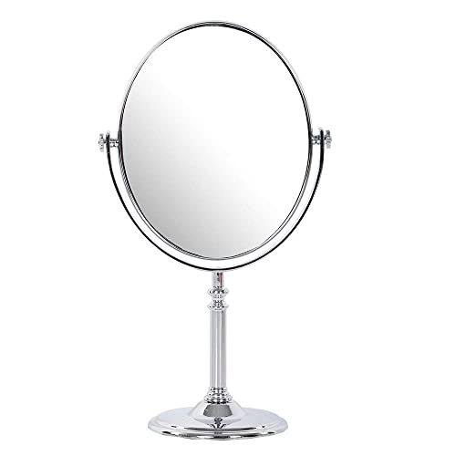 Image of KEYSTREAM Double-Sided Makeup Mirror with 5X & 1X Magnification | Tabletop Vanity Mirror with Stand | Rotating Handheld Beauty Mirror for Men & Women - Silver Finish