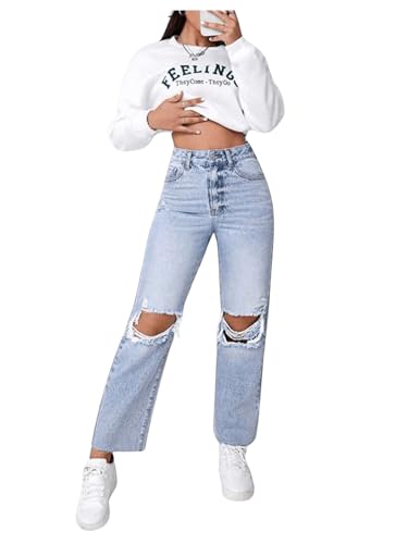 SweatyRocks Women's High Waist Ripped Distressed Cropped Jeans Straight Leg Denim Pants3
