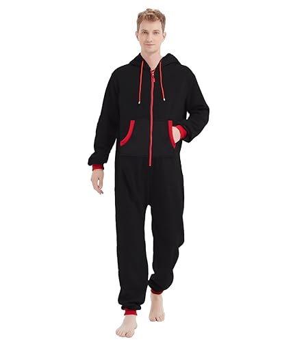 Focupaja Onesie Adulto con Capucha y Bolsillos Pijama de una Pieza Halloween Navidad Familia a Juego para Mujeres y Hombres Negro Rojo Cremallera S