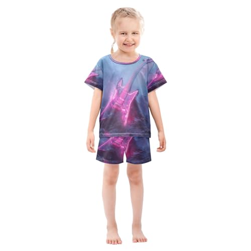 Pajama Sets Short Sleeve Glowing Electric Guitar Artwork Soft Cotton Summer Sleepwear 2 Piece PJS Size 5-14T4