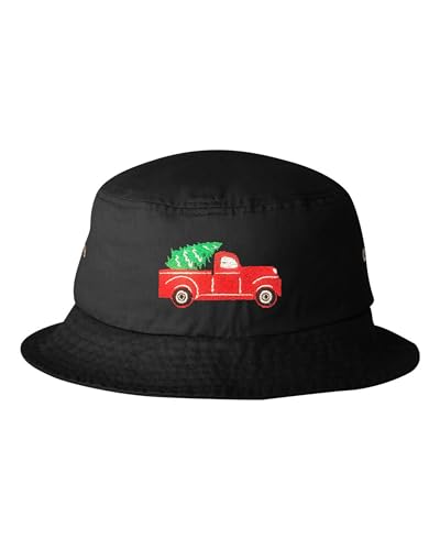 One Size Black Bucket Red Truck with Christmas Tree Embroidered Cap Dad Hat