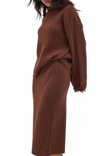 Image of CHYRII Womens Fashion Two Piece Outfits Mock Neck Oversized Sweater Tops Skirt Sets Sweater Dress Lounge Set