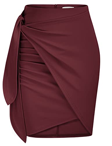 Women Casual Slit Wrap Asymmetrical Elastic High Waist Maxi Draped Skirt WineL