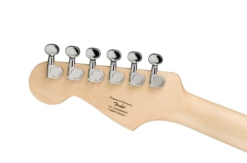 Pack guitare électrique Fender FSR Squier Electric Mini Stratocaster, bleu Daphné, idéal pour les débutants. Comprend un ampli, un câble, une sangle, des médiators et un accordeur à pince.