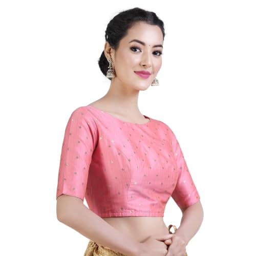 Image of Studio Shringaar Women Cotton Silk Silky Brocade Readymade Elbow Length Sleeves Saree Blouse Choli
