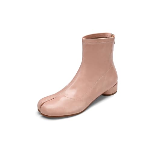 Image of Split Toe Ankle Boots for Women Tabi Japanese Ninja Shoes Low Chunky Heels Booties, Stretch Artificial Leather Boots Back Zipper