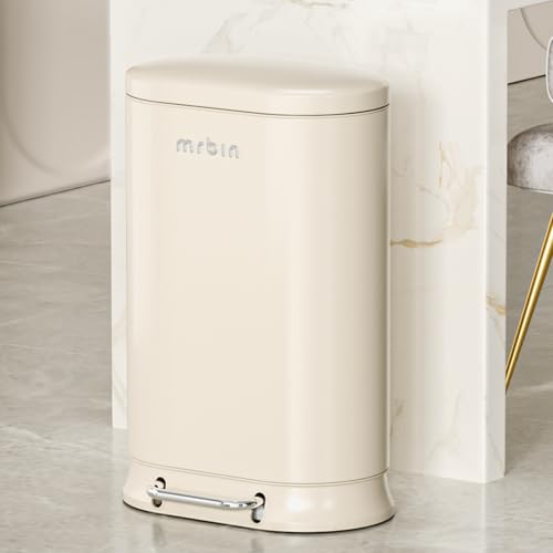 MRBIN Metal Kitchen Trash Can with Lid, 30L / 7.9gal Commercial Step Waste Basket for Bathroom, Medium Office Garbage Pail with Stainless Steel Foot Pedal for Near Desk, Bedroom, Rv, White
