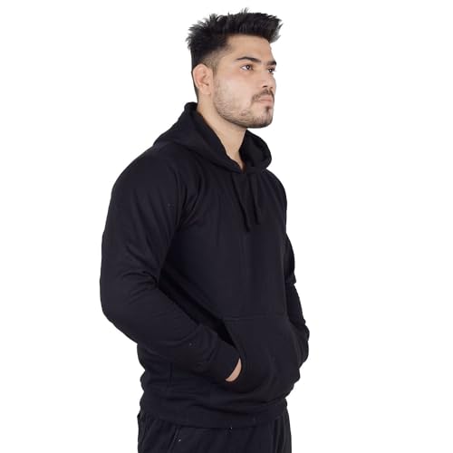 Image of Teemoods Solid Hooded Sweatshirt for Men - Regular Fit Fleece Pullover Hoodie with Front Pocket, Long Sleeve Casual Blouson Top - Black, Navy, and Grey