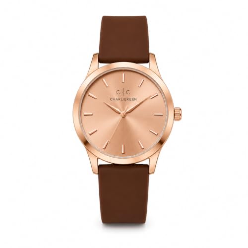Image of CHARLIEKEEN Rose Gold Dial Watch with Brown Silicone Strap | ROSE GOLD Case, Minimalist Design, Stick Hour Markers, Casual Wear