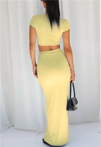 Image of Two Piece Skirt Set for Women 2 PC Y2K Outfits Short Sleeve Crop Tops Bodycon High Waist Long Maxi Skirts