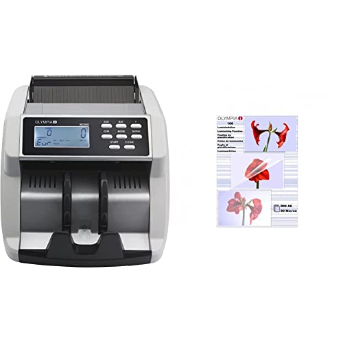 Olympia NC 560 Geldzähler (für Scheine, Echtheitsprüfung, Additionsfunktion, Geldzähl-Maschine für Euro, Dollar, Pfund) & Laminierfolien DIN A6, 80 Mikron, 100 Stück, 9168
