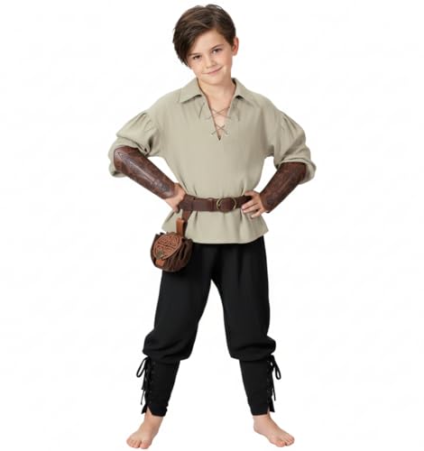 Image of Kids Medieval Viking Pirate Renaissance Tunic Pants Accessories Costume for Boys Cosplay 3-14 Years
