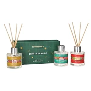 Folkulture chrismas reed diffuser set of 3 with sticks for home 51 fl oz essential oil diffuser with reed sticks organic reed diffuser apple tart peppermint candy lavender christmas magic  urban country home decor
