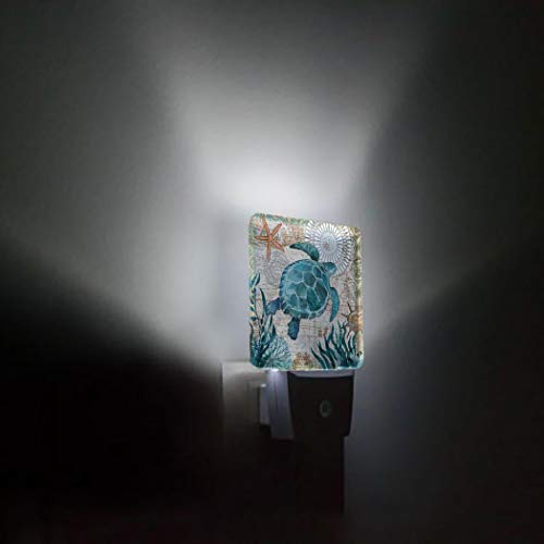 Image of Vintage Ocean Turtle Plug-in LED Night Light,Starfish World Map Auto Dusk to Dawn Sensor Nightlights Plug into Wall,White Energy Efficient Night light for Bedroom,Bathroom,Kitchen,Stairs,Hallway