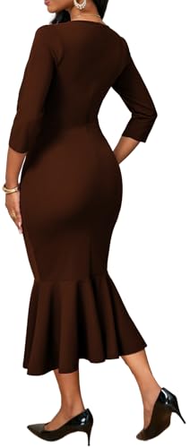 Image of Elegant Dress for Women Sexy V Neck Long Sleeve Bodycon Midi Fishtail Dresses