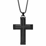 Metro Jewelry Stainless Steel Carbon Fiber Cross Pendant Necklace for Men with Black Ion Plating on 24 Inches Long Box Chain Lobster Claw