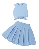 YOURUIKEY Cute Clothes for Girls Crisscross Crop Tank Top Pleated Skirt Set Tween Girl Trendy Summer Outfit Kid Clothing Set Size 13-14