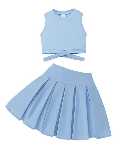 YOURUIKEY Cute Clothes for Girls Crisscross Crop Tank Top Pleated Skirt Set Tween Girl Trendy Summer Outfits Kid Clothing Set Size 7-8