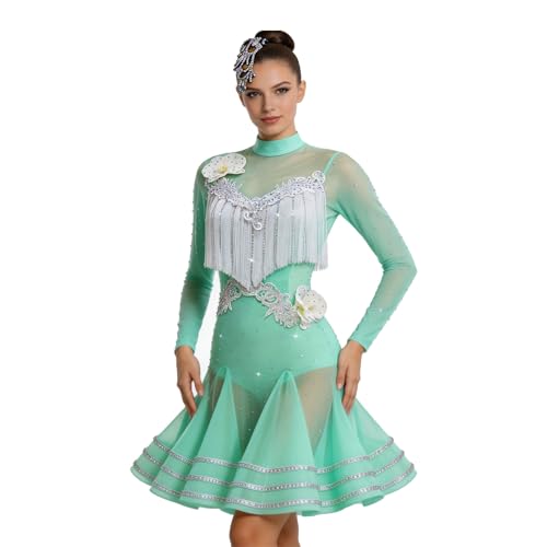 Vestido De Baile Latino Profesional Con Diamantes De Imitación, Hueco, Brillante, For Salsa, Baile De Salón, Faldas, Personalización(Green B,XL)