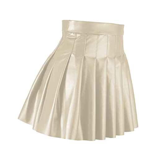 Miashui High Low Skirts For Women Women Pleated Skirt Waist High Leather Skirt Short Elegant Solid Massage Table Skirt Beige #TOP12