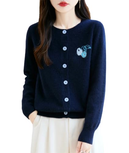 Women's 100% Wool Crewneck Knit Cardigan Sweater with Embroidery Navy Blue