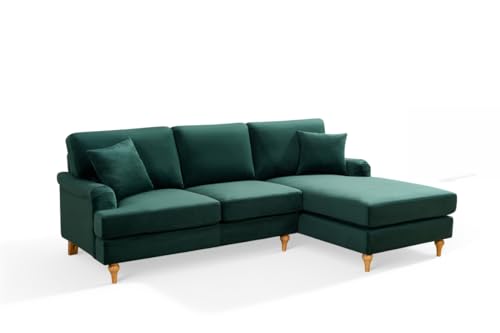 Image of Green Velvet Fabric Right Hand Corner Sofa | L Shaped 4 Seater Sectional with Wooden Legs | Supportive Pocket Sprung Seats & Accent Cushions | Comfy Fabric Corner Couch for Living Room | Hamilton