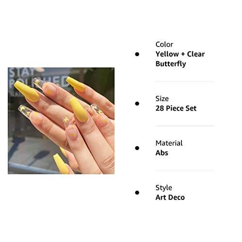 24 Pcs Press on Nails Coffin, Luvehandicraft Long Glossy Fake Nails Coffin, False Nails with Glue for Women and Girls (Yellow Butterfly)