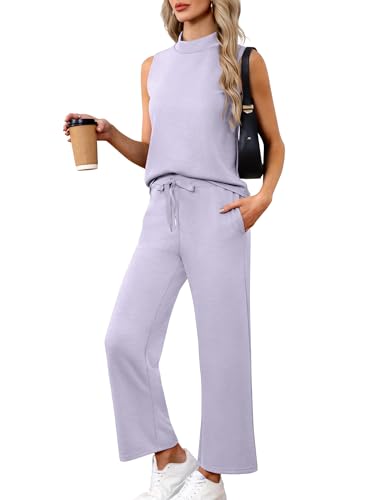 Women's Summer 2 Piece Outfits Mock Neck Tank Top Cropped Wide Le...