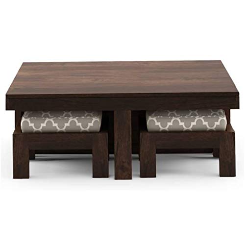 Image of Jangid Handicraft Solid Sheesham Wood Coffee Table with 4 Stool | Square Sofa Centre Table with Stool | Tea Center Table with 4 Stools for Living Room | Patio Teapoy Table with Four Puffy | Walnut