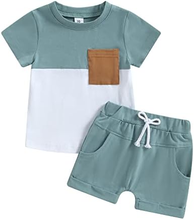 allshope Toddler Baby Boy Summer Clothes Short Sleeve Contrast Color Pocket T-Shirt Tops Solid Color Drawstring Shorts Outfit Set (Blue, 18-24 Months)