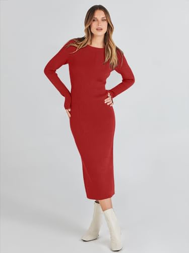 Image of ANRABESS Women Long Sleeve Sweater Dress Crewneck Bodycon Stretch Slim Fit Ribbed Knit Midi Dresses 2025 Fall Trendy Outfits Red Medium