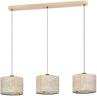 EGLO Hängelampe Hontongas, 3-flammige Pendelleuchte über Esstisch, Esszimmerlampe aus Holz in Buche und Textil mit getrocknetem Heu, Hängeleuchte mit E27 Fassung, 110 cm