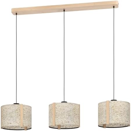 EGLO Hängelampe Hontongas, 3-flammige Pendelleuchte über Esstisch, Esszimmerlampe aus Holz in Buche und Textil mit getrocknetem Heu, Hängeleuchte mit E27 Fassung, 110 cm