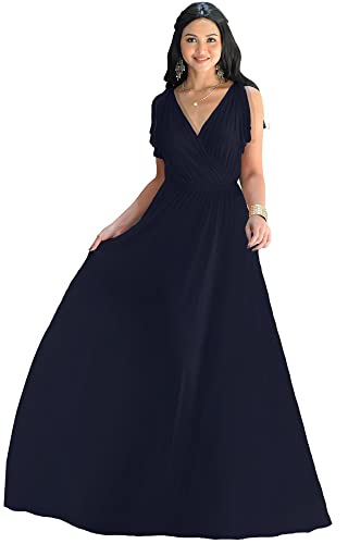 KOH KOH Plus Size Womens Long V-Neck Sleeveless Flowy Prom Evening Wedding Party Guest Bridesmaid Bridal Formal Cocktail Summer Floor-Length Gown Gowns Maxi Dress Dresses, Dark Navy Blue XL 14-16