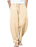 Picture of COOFANDY Men's Cotton Linen Elastic Pants Drawstring Waist Harem Summer Beach Pants Beige XXXL