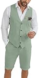 HUEZOE Mens Linen Suit 2 Piece Short Suits for Men Casual Summer Beach Groom Wedding Suit Linen Vest Shorts Set, Sage Green, M