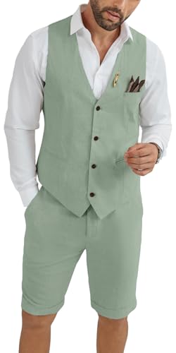 Shorts Suits for Men 2 Piece Slim Fit Suit Mens Shorts Suit Set for Summer Beach Wedding Sage Green Linen Vest Shorts Set X-Large