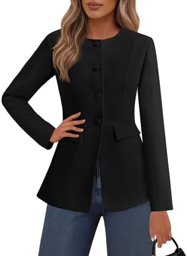 Lazysmile Blazers for Women Long Sleeve Crewneck Button Down Suit Jackets Work Office Business Casual Outfits with Pockets