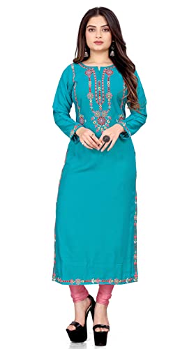 Image of Women's Rayon Embroidered Straight Kurti Under 499 Designer Attractive Look Women's Kurta