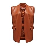 POJE Lederjacke,Frauen Kunstleder Anzug Jacke Kamel V-Ausschnitt Vintage Ärmellose Weste Lose Moto Biker Pu Mantel Bomber Motorrad Outwear Herbst Winter Warme Tops, 3XL