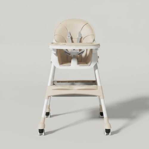 Image of Mealtime Plus Baby High Chair for Feeding, Adjustable Height, Double Food Tray, Seat Cushion, Storage Bag & Lockable Wheels, Foldable Feeding Chair for Babies & Toddlers, Beige