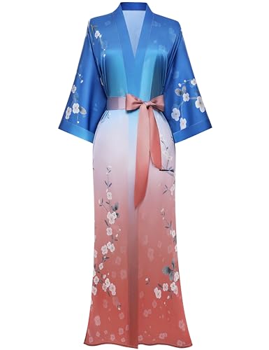 PRODESIGN, Vestaglia lunga kimono da donna, in raso, biancheria da notte, kimono di seta, copriletto da notte, abito da casa, camicetta, cardigan, Gradiente di colore: arancione, Taglia unica