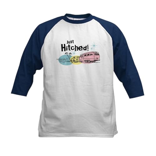CafePress Retro Trailer Just Hitched Kids Baseball Jersey Kids Cotton Baseball Jersey, 3/4 Raglan Sleeve Shirt Navy/White